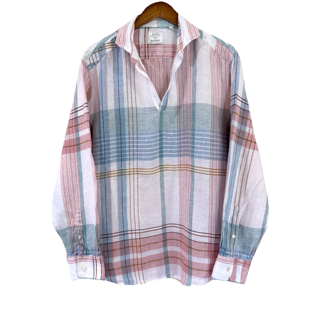 Baird McNutt Murano XL Irish Linen Plaid Pullover V-Neck Relaxed Fit Tunic Top